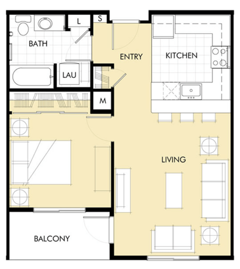 Floor plan for 1 bed, 1 bath